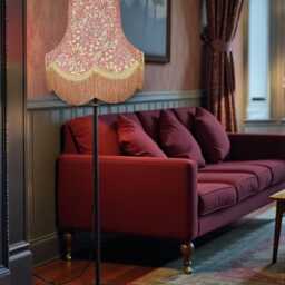 William Morris Crimson Snakeshead Curtains Fabric Lampshade Antique Gold Braid & Fringe, Bespoke British Handmade - thumbnail 3