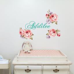 Girl Name Wall Stickers Nursery, Rose Peony Decals Toddler Room, Floral Decal Princess Bedroom, Custom Flowers Sticker - thumbnail 2