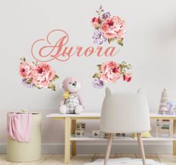 Girl Name Wall Stickers Nursery, Rose Peony Decals Toddler Room, Floral Decal Princess Bedroom, Custom Flowers Sticker - thumbnail 1