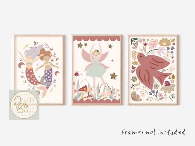 Set Of 3 Personalised Fairy, Mermaid & Wildflower Prints. Perfect For A Girls Room, Nursery Or Playroom - Prints Only - image 1