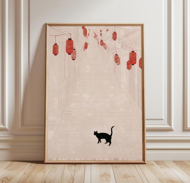 Japanese Lantern Wall Art Poster, Minimal Cat Illustration Print, Street Artwork, Calm Asian Home Decor - image 1