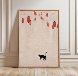 Japanese Lantern Wall Art Poster, Minimal Cat Illustration Print, Street Artwork, Calm Asian Home Decor - thumbnail 1