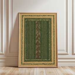 Green Textile Pattern Poster - Vintage Carpet Border Art Folk Geometric Wall Print - thumbnail 1