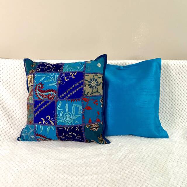 Handmade Embroidered Patchwork Cotton Pillow Cover Indian Art. 40x40 cms, 16 Inches Square, Throw Pillows, Bohemian, Ethnic Art.toronto Canada - image 1