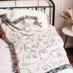 Minimalist Faces Throw Blanket, Black & White Line Art, Woven Cotton - thumbnail 3