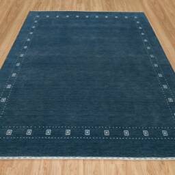 Blue Gabbeh Wool Rug, Minimalist Ivory Border, Handmade Carpet The Noir - thumbnail 3