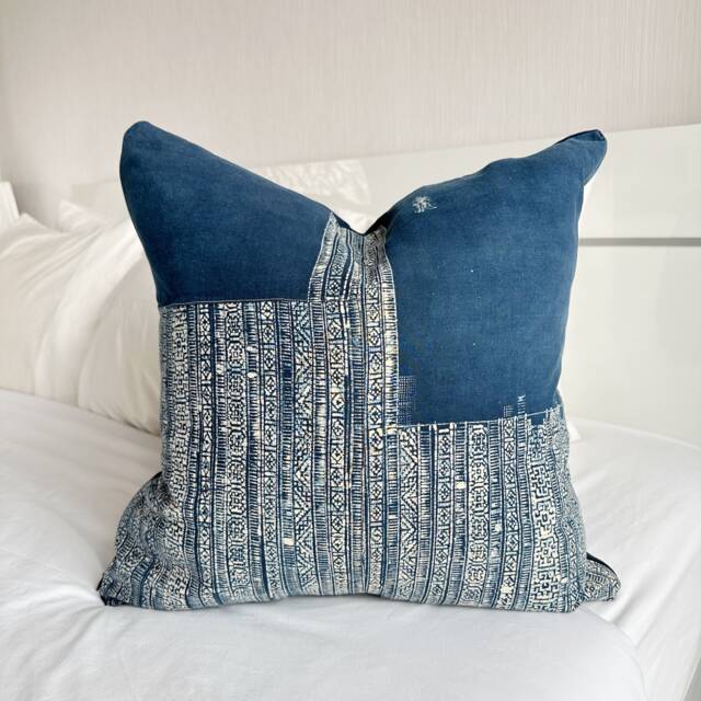 Handmade Hmong Hemp Pillow Cover Rustic Block Print, Boho Cushion - image 1