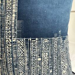 Handmade Hmong Hemp Pillow Cover Rustic Block Print, Boho Cushion - thumbnail 3