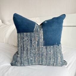 Handmade Hmong Hemp Pillow Cover Rustic Block Print, Boho Cushion - thumbnail 1