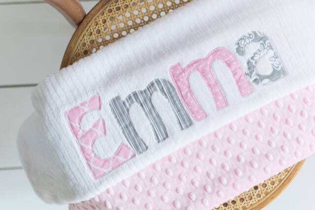 Monogrammed Baby Blanket in Overcast, Pink Dot Minky & White Chenille, Personalized With Your Girl's First Name Grey - image 1