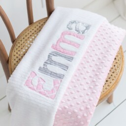 Monogrammed Baby Blanket in Overcast, Pink Dot Minky & White Chenille, Personalized With Your Girl's First Name Grey - thumbnail 3