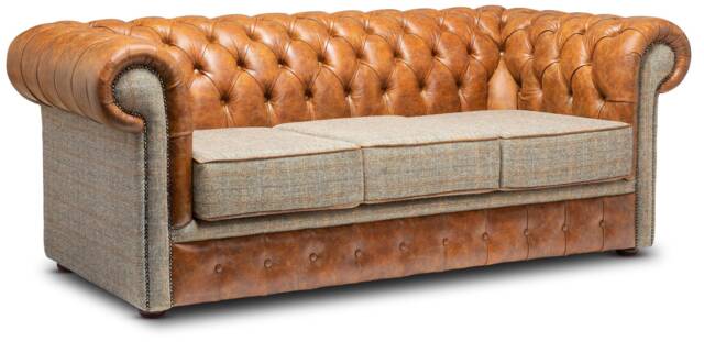 Chesterfield Real Leather Two/Three Seater Sofa Harris Tweed & Vintage Tan - image 1