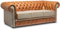 Chesterfield Real Leather Two/Three Seater Sofa Harris Tweed & Vintage Tan