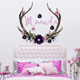 Rustic Antlers Name Wall Decal, Floral Nursery Decor Ma227 - thumbnail 1