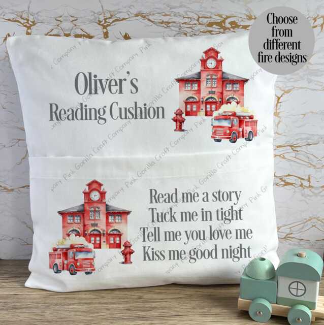 Personalised Cushion, Pocket Child Pillow, Book Holder, Pillow For Child, Fire Station Truck Engine - image 1