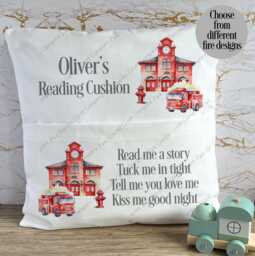 Personalised Cushion, Pocket Child Pillow, Book Holder, Pillow For Child, Fire Station Truck Engine - thumbnail 1