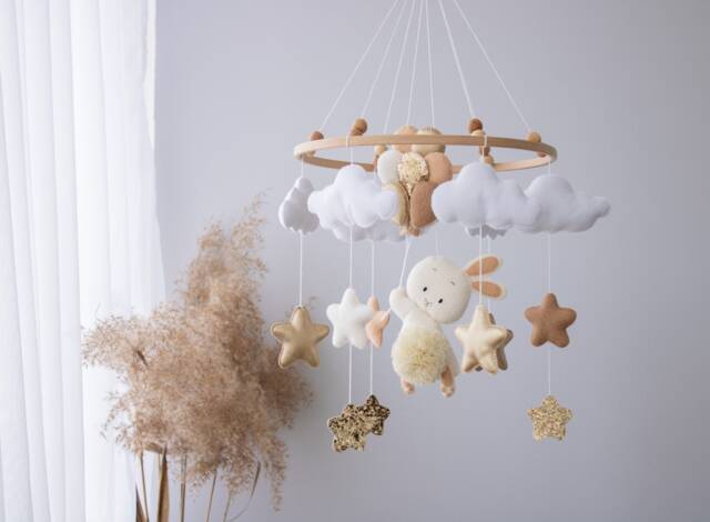 Bunny Baby Mobile, Neutral Nursery Decor, Felt Bunny, Balloons & Stars - image 1
