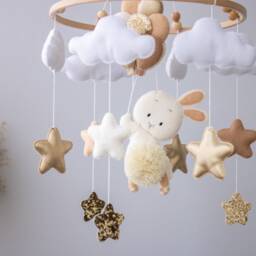 Bunny Baby Mobile, Neutral Nursery Decor, Felt Bunny, Balloons & Stars - thumbnail 3