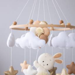 Bunny Baby Mobile, Neutral Nursery Decor, Felt Bunny, Balloons & Stars - thumbnail 2
