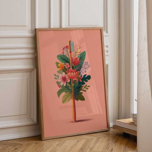 Dental Wall Art Print - Floral Toothbrush Illustration Modern Dentist Office D??cor Colourful Medical - image 1