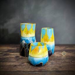 Yellow & Blue Vase Hand Painted Glass Unique Design Artisan Handmade Gift Preety Shelf Ornament Nature Inspired Home Decor - thumbnail 3