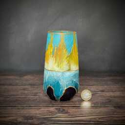 Yellow & Blue Vase Hand Painted Glass Unique Design Artisan Handmade Gift Preety Shelf Ornament Nature Inspired Home Decor - thumbnail 1