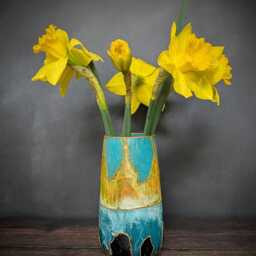 Yellow & Blue Vase Hand Painted Glass Unique Design Artisan Handmade Gift Preety Shelf Ornament Nature Inspired Home Decor - thumbnail 2