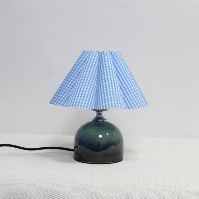 Handmade Plaid Table Lamp Light Blue Fabric Shade, Dark Green Ceramic Base - image 1