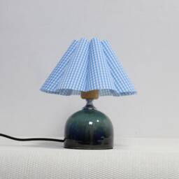 Handmade Plaid Table Lamp Light Blue Fabric Shade, Dark Green Ceramic Base - thumbnail 3
