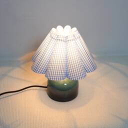 Handmade Plaid Table Lamp Light Blue Fabric Shade, Dark Green Ceramic Base - thumbnail 4