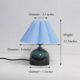 Handmade Plaid Table Lamp Light Blue Fabric Shade, Dark Green Ceramic Base - thumbnail 2