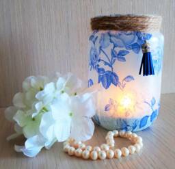 Blue Rose Light Up Jar, English Country Night Light, Decoupage Lantern - thumbnail 1