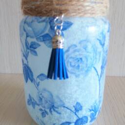Blue Rose Light Up Jar, English Country Night Light, Decoupage Lantern - thumbnail 3