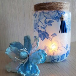 Blue Rose Light Up Jar, English Country Night Light, Decoupage Lantern - thumbnail 2