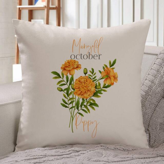 Personalised Birth Flower Cushion/October Marigold Floral Design Birthday Gift 30Th, 40Th, 50Th, 60Th, 70Th Gift For Her - image 1