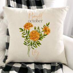 Personalised Birth Flower Cushion/October Marigold Floral Design Birthday Gift 30Th, 40Th, 50Th, 60Th, 70Th Gift For Her - thumbnail 2