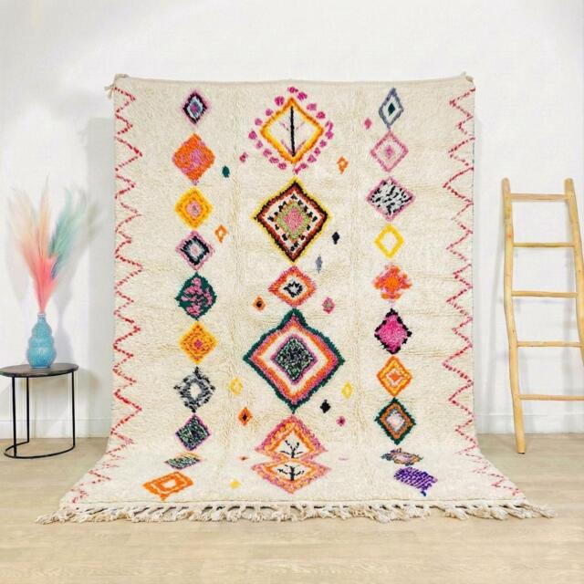 Moroccan Ivory Berber Rug, Handwoven Wool Shag Rug With Colorful Diamond Motifs, Authentic Beni Ourain Style Carpet, Large 9x12 Area - image 1
