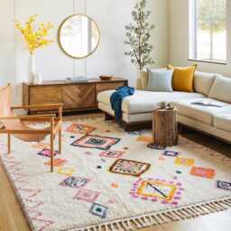 Moroccan Ivory Berber Rug, Handwoven Wool Shag Rug With Colorful Diamond Motifs, Authentic Beni Ourain Style Carpet, Large 9x12 Area - thumbnail 3