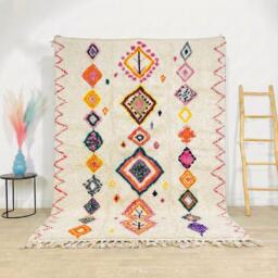 Moroccan Ivory Berber Rug, Handwoven Wool Shag Rug With Colorful Diamond Motifs, Authentic Beni Ourain Style Carpet, Large 9x12 Area - thumbnail 1