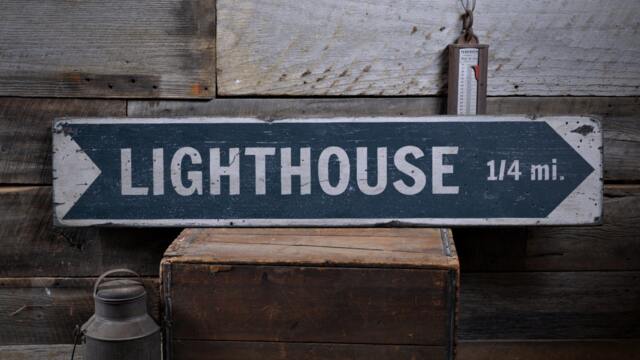 Lighthouse Arrow Mileage Wood Sign, Personalized Place Location Name Distance Wall Decor - Rustic Hand Made Vintage Wooden Sign - image 1