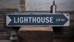 Lighthouse Arrow Mileage Wood Sign, Personalized Place Location Name Distance Wall Decor - Rustic Hand Made Vintage Wooden Sign - thumbnail 1
