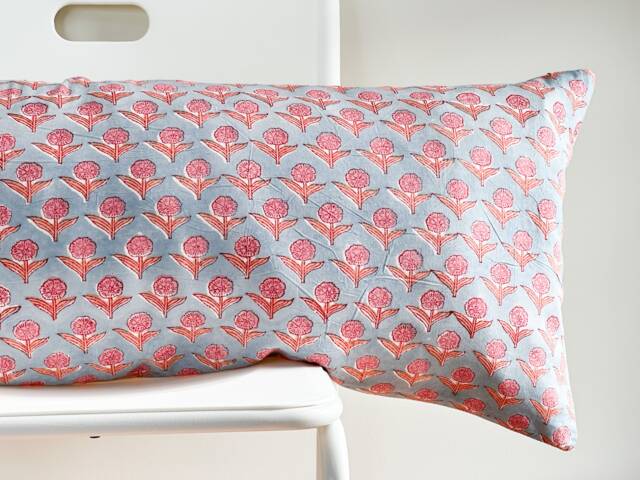 Floral Lumbar Pillow Cover Indian Block Print, Natural Dyed - image 1