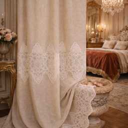 Shabby Chic Taupe Linen Blend Curtain With White Lace - thumbnail 2