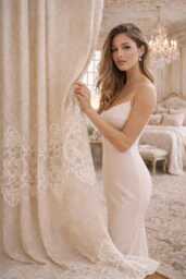 Shabby Chic Taupe Linen Blend Curtain With White Lace - thumbnail 1