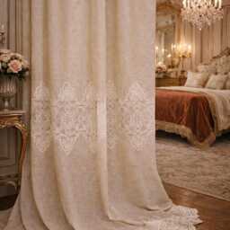 Shabby Chic Taupe Linen Blend Curtain With White Lace - thumbnail 3