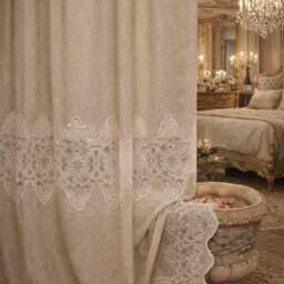 Shabby Chic Taupe Linen Blend Curtain With White Lace - thumbnail 4