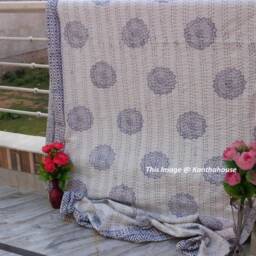 Handmade Kantha Quilt Indian Hand Block Printed Cotton Bedspread - thumbnail 2