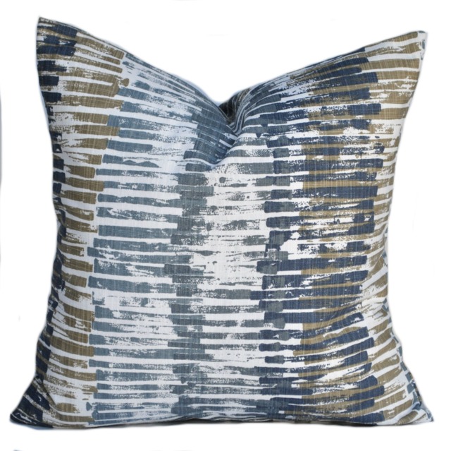 One Striped Pillow Cover, Cushion, Decorative Throw Pillow, Grey Slate Tan Ecru Accent Beach Decor - image 1
