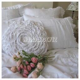 Round White Toss Pillow Throw, Dahlia Lotus Flower -Shabby Chic Bedding, Blue Pink Linen Decorative Mandala Decor Nurdanceyiz - thumbnail 1