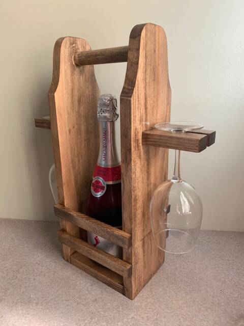 Handcrafted Wooden Wine Carrier Picnic Bottle & Glass Holder - image 1